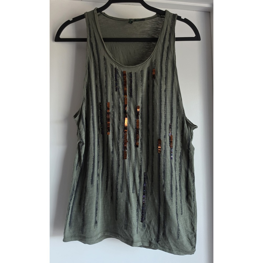 Stile Benetton Tank Top XS Green Striped Sleeveless Cotton Casual Cami